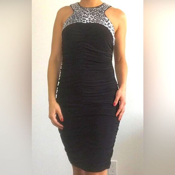 **** Cache Black Sequin Sleeveless Cheetah Print Ruched Dress (P) - Picture 2 of 12